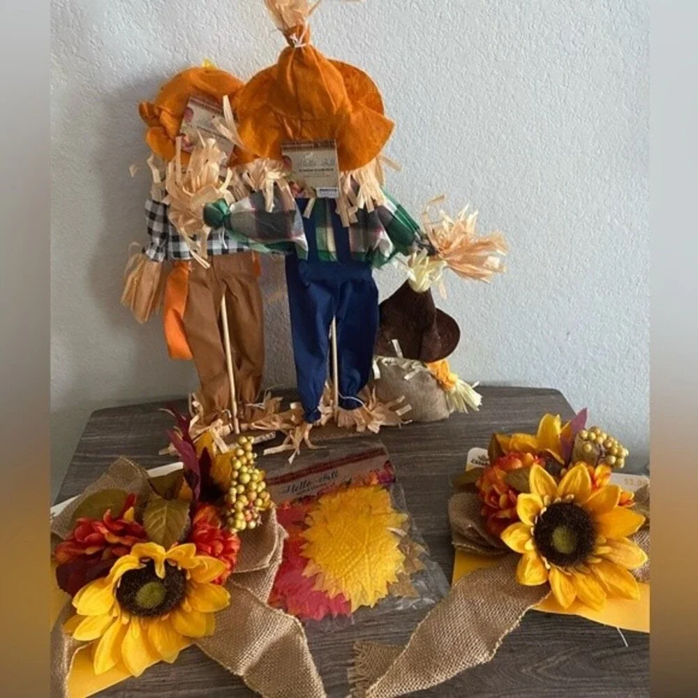 Fall decor Bundle Scarecrow Table Top Family Bows Faux Loose Leaves Holiday